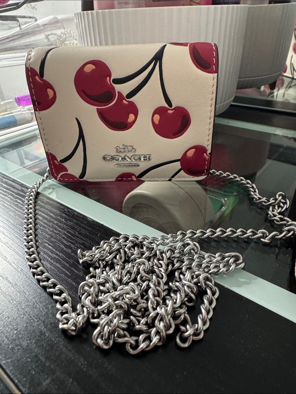 COACH Cream & Red Cherry Mini Crossbody with Silver Chain